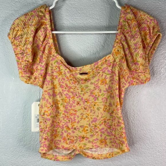 New! Billa Bong Peasant Croped Rushed Floral Print Orange Women’s Top Sz L - Picture 3 of 11